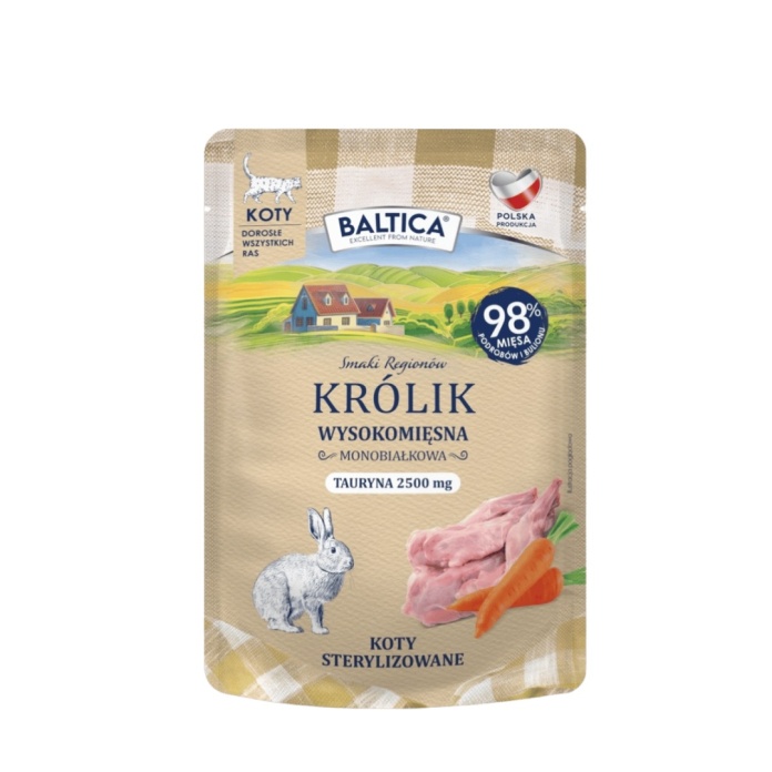 WOW Cat Kawałki wołowiny w sosie 85g Baltica Smaki Regionów Królik 100 g – monobiałkowa mokra karma dla kota